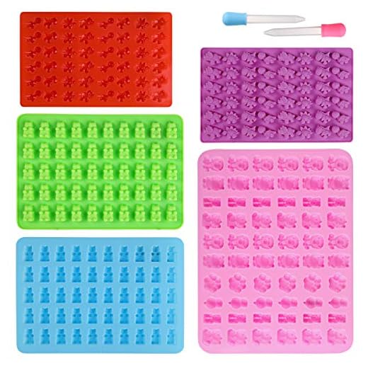 Candy Chocolate Silicone Mold and Ice cube tray,Food grade Silicone 5 package Soft Candy Jelly Mold,Soap Mold.(Bear,Dinosaur,Lion,Rhino,2 Dropper)