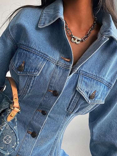 Denim Dress For Women Jackets Button Up Long Sleeve Lapel Basic Trendy Jean Romper2