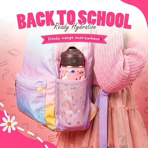 Image of Rioware Kids Insulated Stainless Steel Water Bottle 350ml | Double Wall Vacuum | 24 Hrs Cold & 12 Hrs Hot | Leakproof Flip Top with Straw | BPA-Free | School Bottle with Carry Loop (350 Ml, Pink)