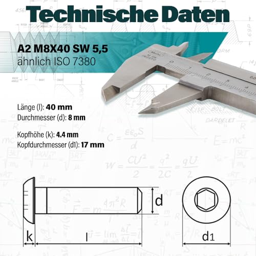 VOOXA | 100 Stück Premium ZAUNBAUSCHRAUBEN M8x40mm - Edelstahl A2 | ISO7380 Vollgewinde Linsenkopfschrauben mit Innensechskant für Pfosten, Geländer, Tore