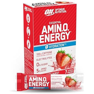 Optimum Nutrition Essential Amino Energy Plus Electrolytes Stick Packs, Energy Powder, Strawberry Burst, 7 Count