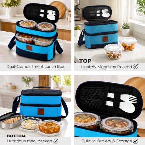 Image of CELLO All Day Meal Glass Lunch Box for Office Use Sky Blue | 2 x 320ml Square, 1 x 240ml Round, 130ml Oval Containers with Spoon & Fork, Leadfree Leak Proof Airtight Glass Tiffin Box Set for Travel