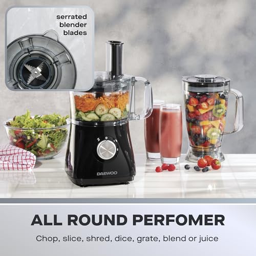 Daewoo SDA2100 750W Plastic Compact Food Processor with 2L Bowl and 1.8L Blender Jug, Stainless Steel Chopping Blades for Slicing and Grating, UK Type G Pulg 220-240v 50hz, Black - Image 4