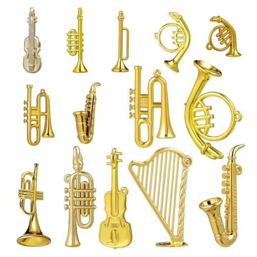DEARMAMY Adornos para árbol de Navidad, 14 piezas, instrumentos musicales de Navidad, minitrompeta, saxofón, modelo de guitarra, juego de instrumentos pequeños, decoración para árbol de Navidad,