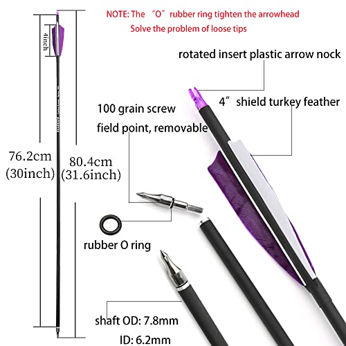 Zshjgjr 30 Inch Archery Carbon Arrows Hunting Arrows With 4” Turkey Feather Target Practice Arrows Spine 500 For Compound & Recurve &Traditional Bow 6/12Pcs (12 X Purple Arrows) #TOP3