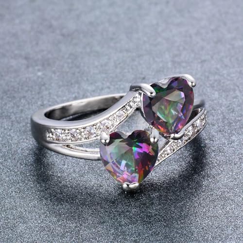 6x6mm Heart Shape Simulated Mystic Rainbow Topaz 925 Sterling Silver Double Heart Promise Ring for Women3