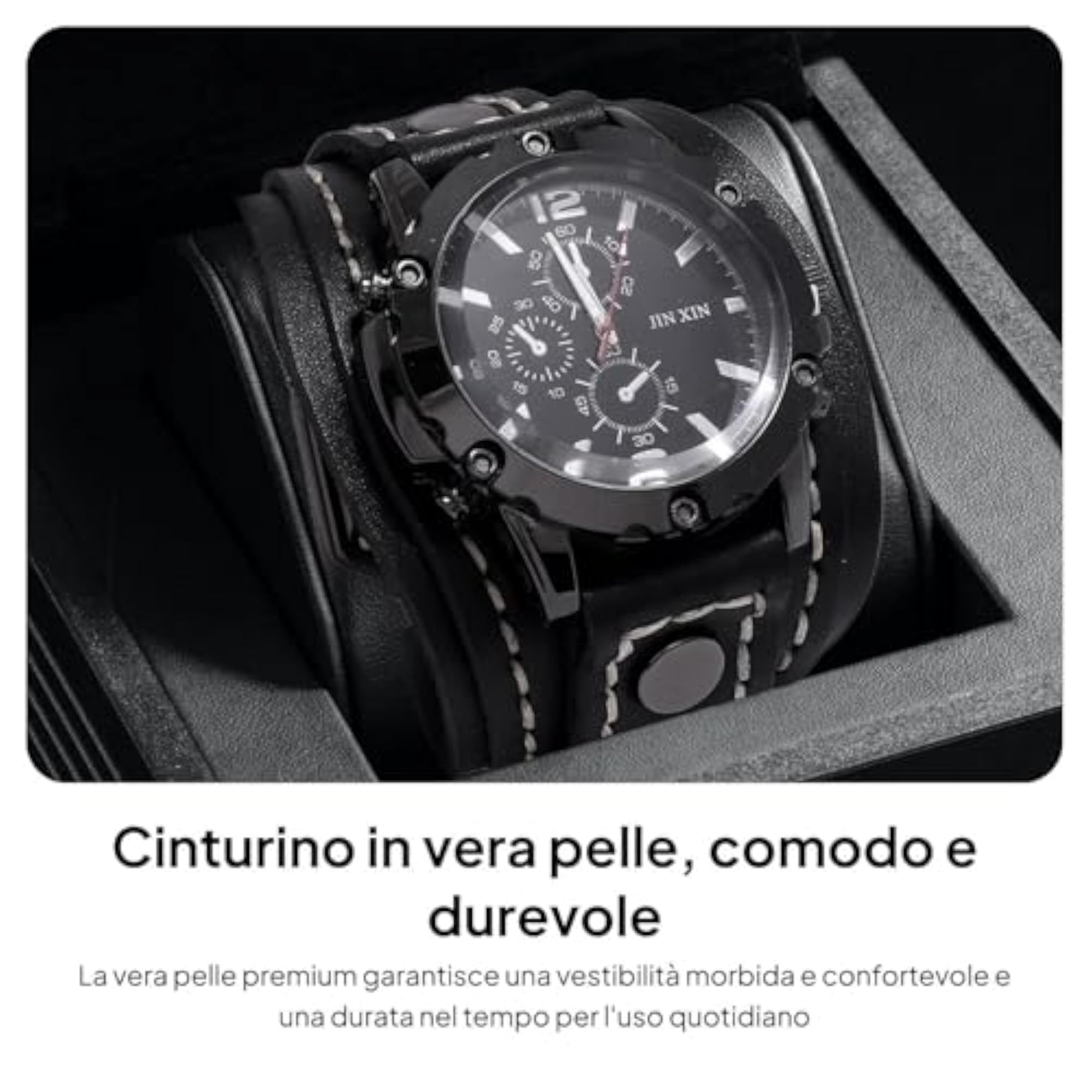 Men's Wide Leather Strap Wrist Watch, Black