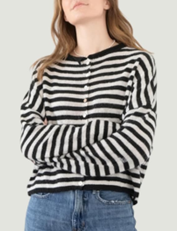 Esmeling Women Button Down Striped Cardigan Crew Neck Long Sleeves Sweater Open Front Knit Outerwear - Image 5