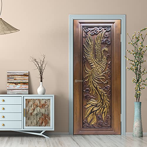 Door Sticker Wallpaper Murals Peel And Stick, Wall Sticker Decal For Bedroom Home Decor Waterproof, Removable Premium Vinyl Upgrade, Holy Beast Phoenix Wood Door #TOP1