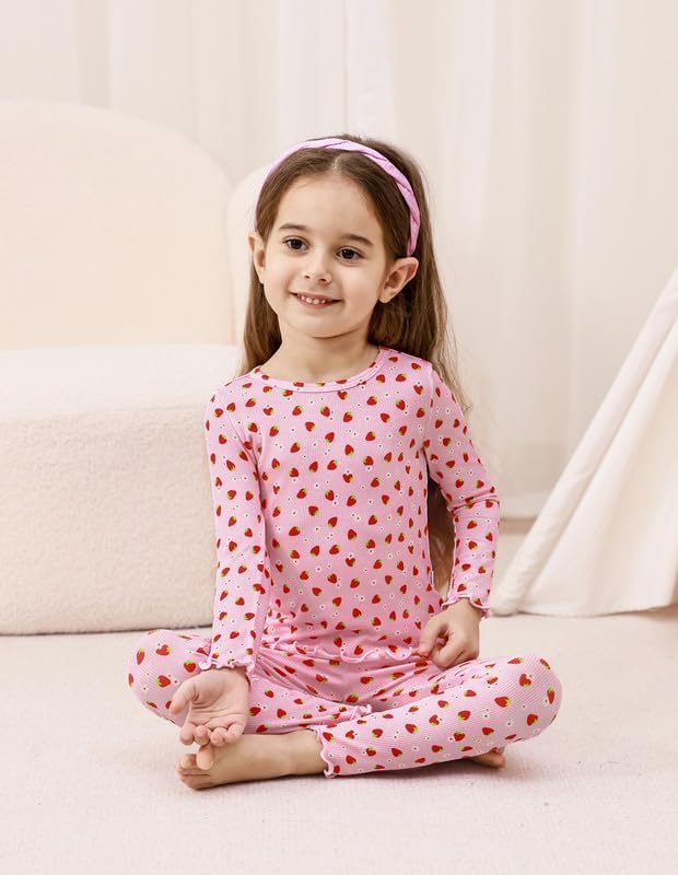 Toddler Girls Pajama Set 2 Piece Ribbed Long Sleeve Top Pants Sleepwear Little Girl's Viscose from Bamboo Pjs - Image 5