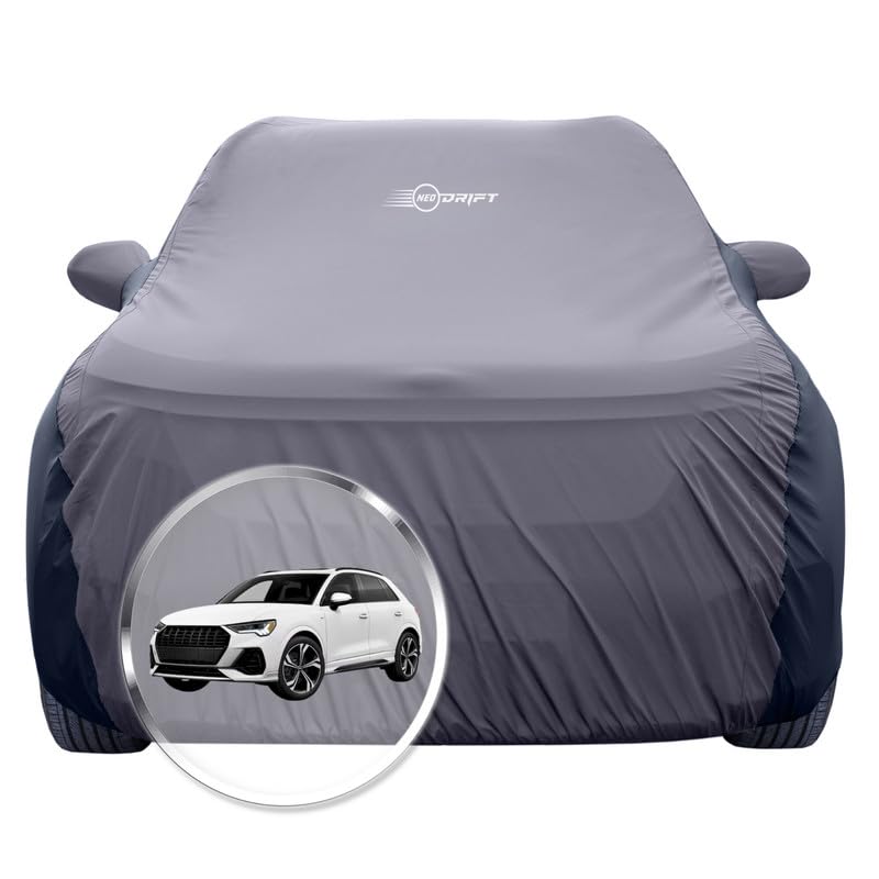 Image of NEODRIFT 'SuperTech' Car Cover for Audi Q3 (100% Water-Resistant, All Weather Protection, Tailored Fit, Multi-Layered & Breathable Fabric) (Colour: D.Grey+Black)