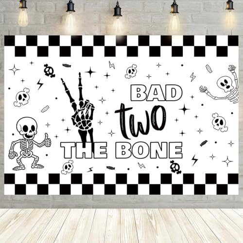 Bannière noire Bad Two The Bone 2,1 x 1,5 m avec motifs squelette et musique rock pour fête