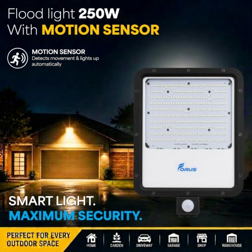 Image of Forus 250W LED Flood Light Amber with Motion Sensor Auto On Off Day Night Mode Waterproof Outdoor Security Light for Garden Parking Garage Factory Warehouse High Bright Floodlight 4Yr Warranty-1Pc