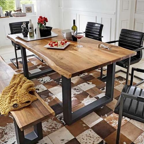 SUZEPER Industrial Solid Wood Dining Table,Rectangle Kitchen Table with Metal Base, Farmhouse Live Edge Dining Table Long Dining Room Table for 4-8 People(47.2' L x 23.6' W x 29.5' H, Brown)