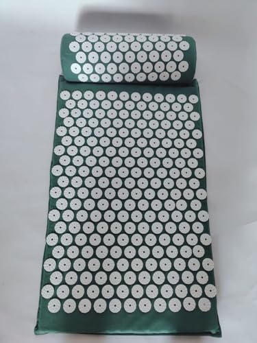 OGXN 鍼治療マット、フィットネスエクササイズマット、ロータスマット、ヨガ用品、マッサージマット、ツボマッサージ、深いリラクゼーション、鍼治療 (濃い緑,枕+クッション+収納袋)