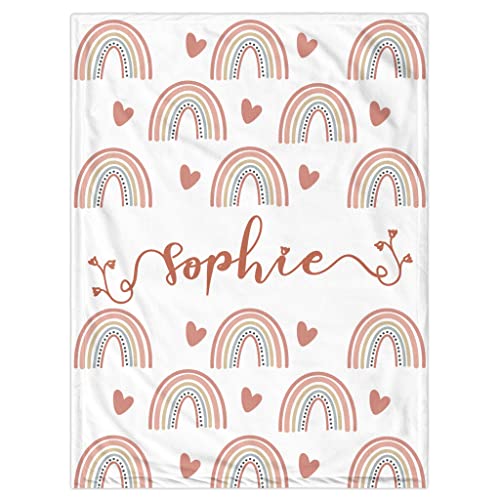 Image of Custom Boho Rainbow Blanket for Baby Girls, Personalized Nursery Blanket with Name, Newborn Baby Girl Shower Gifts, Christmas Birthday Expecting Mom Gift, Easter Unique Gifts for Kids Girls