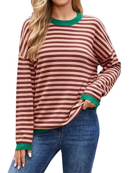Actcat Pullover Damen Langarmshirt Gestreiftes Sweatshirt Damen Rundhals Baumwolle Oberteile Baumwolle Casual Stricken Pulli