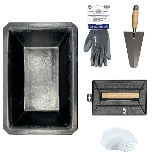 Kit D'outils Maçonnerie & Rénovation, Bricolage - Auge Caoutchouc Naturel Vulcanisé 10L, Truelle Ronde 20cm, Taloche 18x27CM, Paire de Gants Polyurethane...
