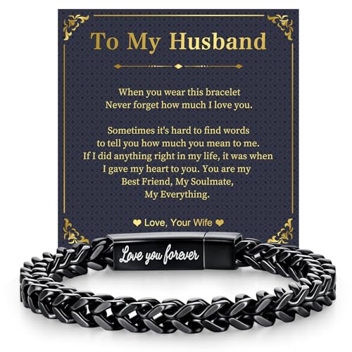 Black Chain Bracelets for Husband : Stainless Steel Franco Chains Love you Forever Engraved Link Mens Bracelet to Man from Wife Sentimental Gifts for him on Birthday Valentines Anniversary M