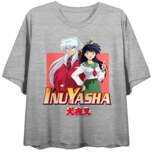 Inuyasha Anime Cartoon Characters Juniors Heather Grey Crop Top Graphic Tee - M