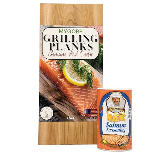 MYGORP Cedar Planks 4 Pack Bundle with Chef Paul Prudhomme's 7-ounce Magic Salmon Seasoning - Salmon Rub and Cedar Planks for Grilling Salmon Fillet