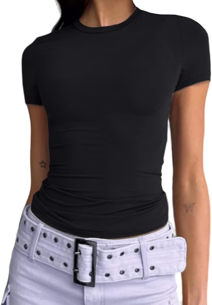 AbardsionWomen's Casual Basic Going Out Crop Tops Slim Fit Short Sleeve Crew Neck Tight T Shirts