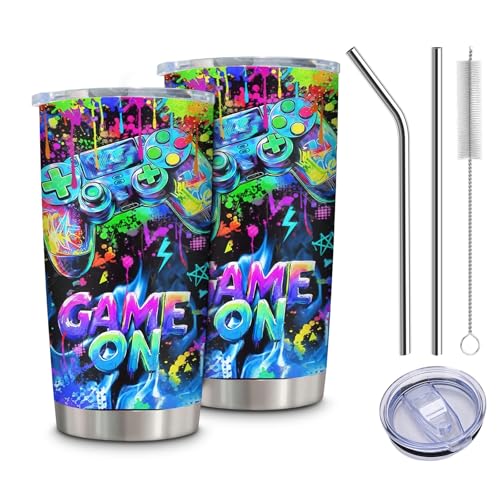 Graffiti Gaming Thermobecher Auslaufsicher, Isolierbecher mit Strohhalm und Deckeln, Edelstahl Becher für Heiße und Kalte Getränke, Coole Gamer Geschenk Set für Spielebegeisterte