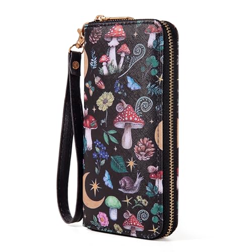 Image of Checkered Highland Cow Print Book Wallet For Women Skull Goth Frog Butterfly Ladies Cluth Wristlet Wrist Strap Long Purse Zip Around Card Holder