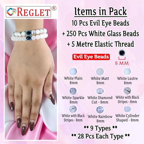 Image of 15 Pcs Evil Eye Beads + 250 Pcs White Glass Beads for Jewellery Making Kit - Glass Beads for Bracelet Making Kit - Bead Craft - 8mm
