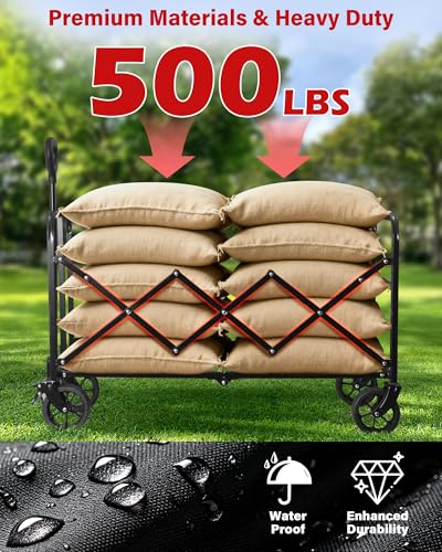 Image of Collapsible Wagons Carts Foldable Wagon, 500LBS Wagon Cart Foldable Heavy Duty with Brakes & All-Terrain Wheels, Large Collapsible Folding Wagons for Beach Camp Sports Grocery, Portable (Black)