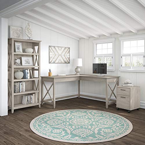Bush Furniture Key West L Shaped Desk with 2 Drawer Mobile File Cabinet and 5 Shelf Bookcase, 60W, Washed Gray