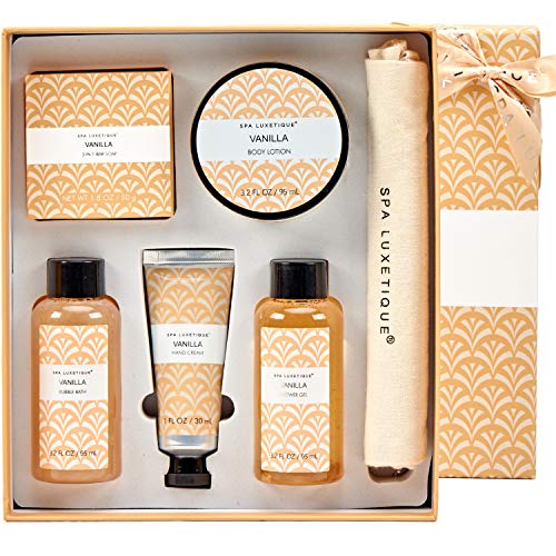 Spa Luxetique Spa Gift Set, Vanilla Bath Gift Set, Pamper Gift Box for Women, Home Bath Set with Hand Cream, Body Lotion, Bubble Bath, Shower Gel, Bar Soap, Travel Case, Beauty Gift Sets for Women.