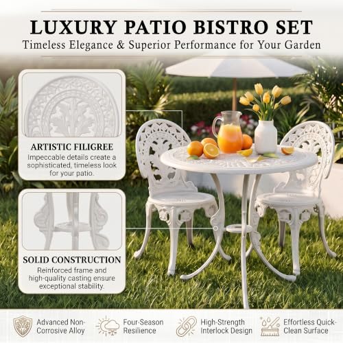 Image of BRISHI Cast Aluminium Garden Patio Seating Chair and Table Set for Balcony Outdoor Furniture with 1 Table and 4 Chairs Set (White)