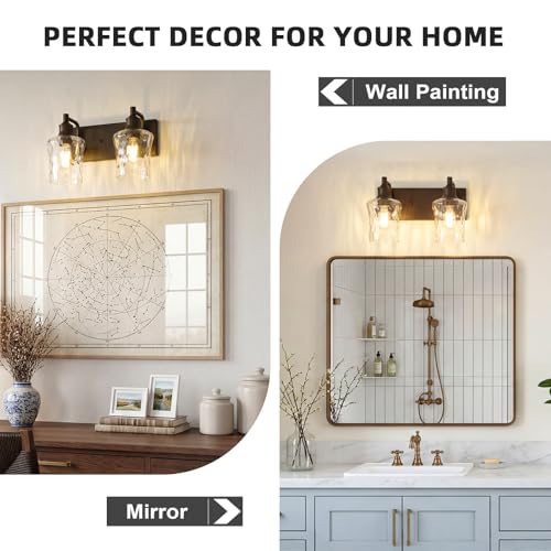 Image of Bathroom Light Fixtures Farmhouse Oil Rubbed Bronze Vanity Lights for Bathroom Lighting Fixtures Over Mirror with Hammered Glass Lampshade for Cabinet Mirror Bedroom Hallway 2 Light