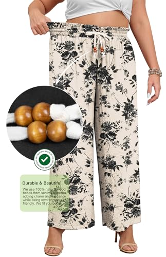 Lastshe Plus Size Wide Leg Pants for Women Elastic High Waisted Drawstring Loose Lounge Long Palazzo Trousers with Pockets2