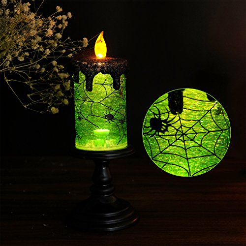 Image of Eldnacele Halloween Snow Globe Candles Lighted Lamp, Battery Operated Spooky Spinning Water Glittering Tornado Candle Flameless Candles Table Centerpiece for Halloween Decoration Indoor(Spider)