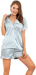 Conjunto de pijama feminino de cetim de seda de duas peças, roupa de dormir, roupa de dormir, conjunto de shorts com botões e bolsos