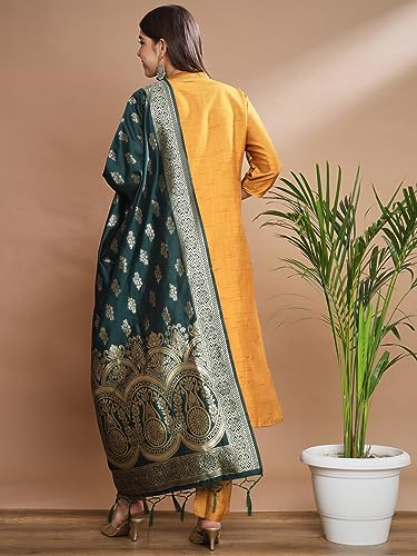 Image of VredeVogel Women's Cotton Silk Blend Straight Kurta Trouser With Dupatta Set