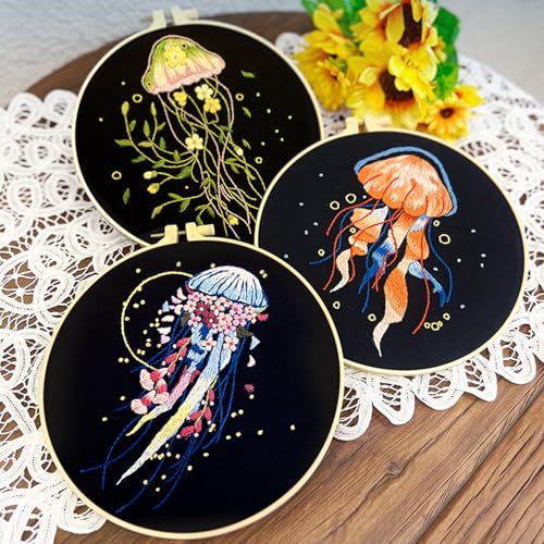 Image of XM-GENYUE 3 Sets Jellyfish Pattern Embroidery Kit for Beginners with Instructions, Learn Multiple Different Stitches, Includes Wooden Hoop, Color Threads, Tools, Easy to Follow Instruction & Video