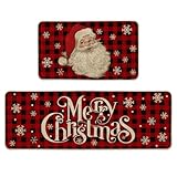 Artoid Mode Buffalo Plaid Snow Santa Claus Christmas Kitchen Rugs Set of 2, Winter Low-Profile Floor Mat Merry Christmas Decorations for Home Kitchen - 17x29 and 17x47 Inch
