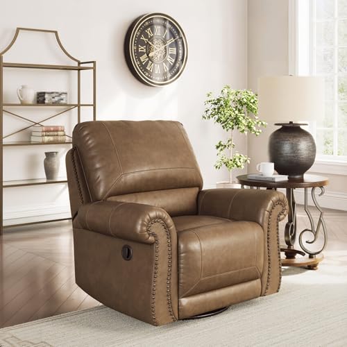 Image of Signature Design by Ashley Chatterton Swivel Glider Recliner, Earth Brown Faux Leather Traditional Rocking Chair with Nailhead Trim for Living Room and Nursery, 42 inch W, No Assembly Required