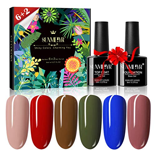 SUNMETYR 6 Pcs Gel Nail Polish Kit, Red Coffee Nail Gel Polish Set with Glossy Gel Top Coat & Base Coat Soak Off UV LED Nail Gel Valentine s Gifts