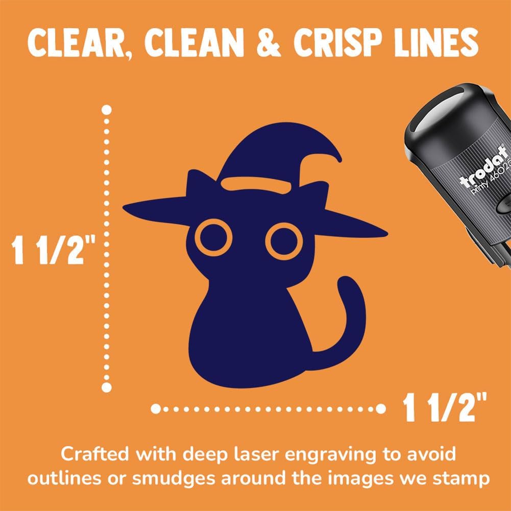 Black Cat with Witch Hat Halloween Self-Inking Rubber Stamp Ink Stamper for Stamping Crafting Planners - 1-1/2 Inch Large - Red Ink