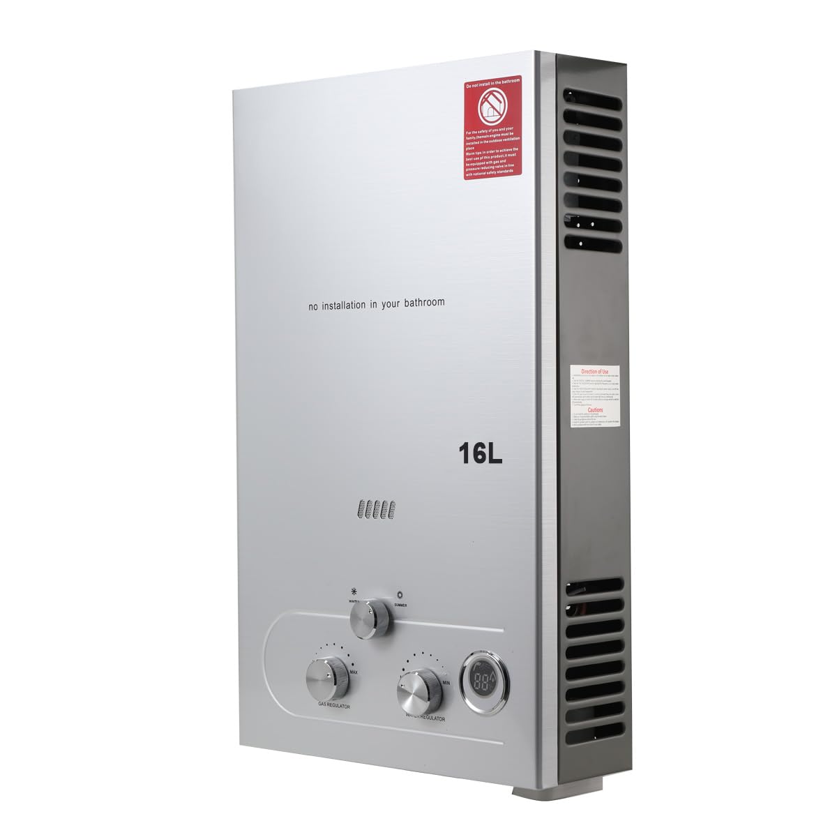 16L/min Chauffe-eau à Gaz, Chauffe-eau à Gaz Instantané 32KW Affichage Numérique Instantané au GPL avec kit de Pomme de Douche Plaqué, Chauffe-eau Mural,Argent