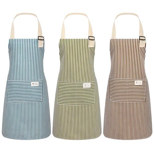ViEinkaufen 3 Pack Aprons for Women,Aprons For Cooking with Pockets,Cotton Linen Adjustable Neck Bib Apron for Stripe Baking Gardening Tailoring