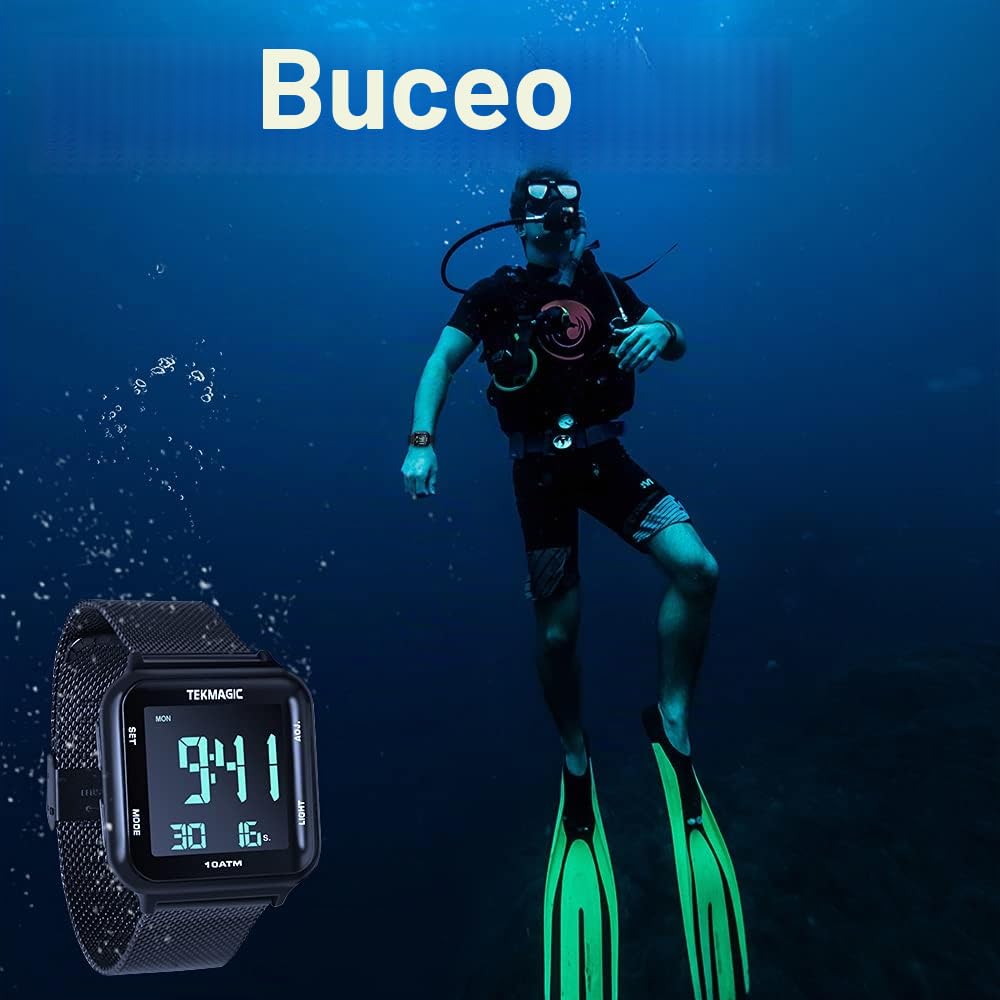 Reloj Natación Sumergible Hombre Impermeable 100 Metros con Banda de Acero Inoxidable, Despertador, Cronometro, Hora Dual, Calendario, Formato de 12 o 24 Horas