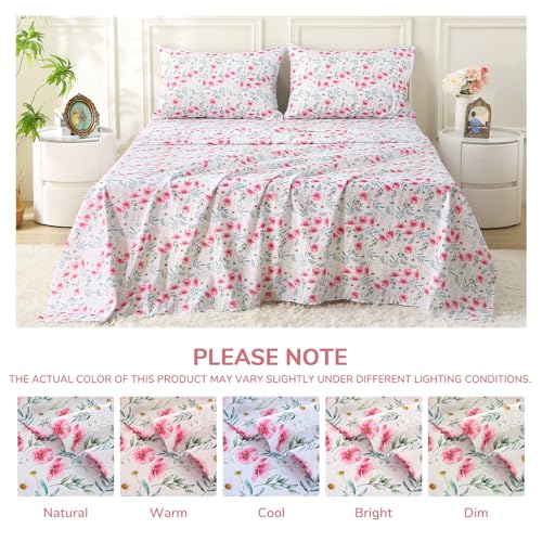 Image of MUXHOMO King Size 4 Piece Sheet Set, Soft & Breathable Sheet for Bedroom with Deep Pocket Up to 16 inch, Wrinkle-Free & Cooling Bed Sheets with Flat Sheet, Fitted Sheet & Pillowcases - Pink Daisy
