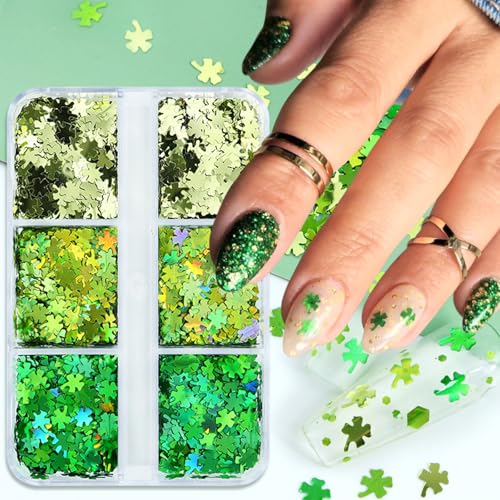 6 Grids St. Patrick's Day Nail Glitter Sequins for Nail Art Green Shamrock Nail Art Glitters Sparkle Multi Color Clover Nail Flakes Holographic Green Clover Nail Supplies Sparkle Glitter for Women