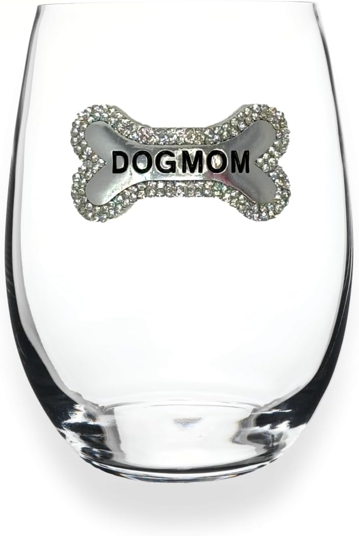 THE QUEENS' JEWELS Dog Mom Jeweled Stemless Wine Glass, 21 oz. - Unique Gift for Women, Birthday, Cute, Fun, Not Painted, Decorated, Bling, Bedazzled, Rhinestone