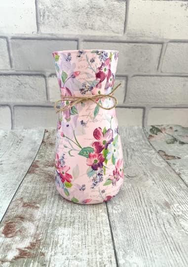 Pink Floral Glass Vase for Flowers,Cottage Style Home Decor Vase, Pretty Decoupage Vases, Handmade vase for Kitchen, Faux Flower Vase